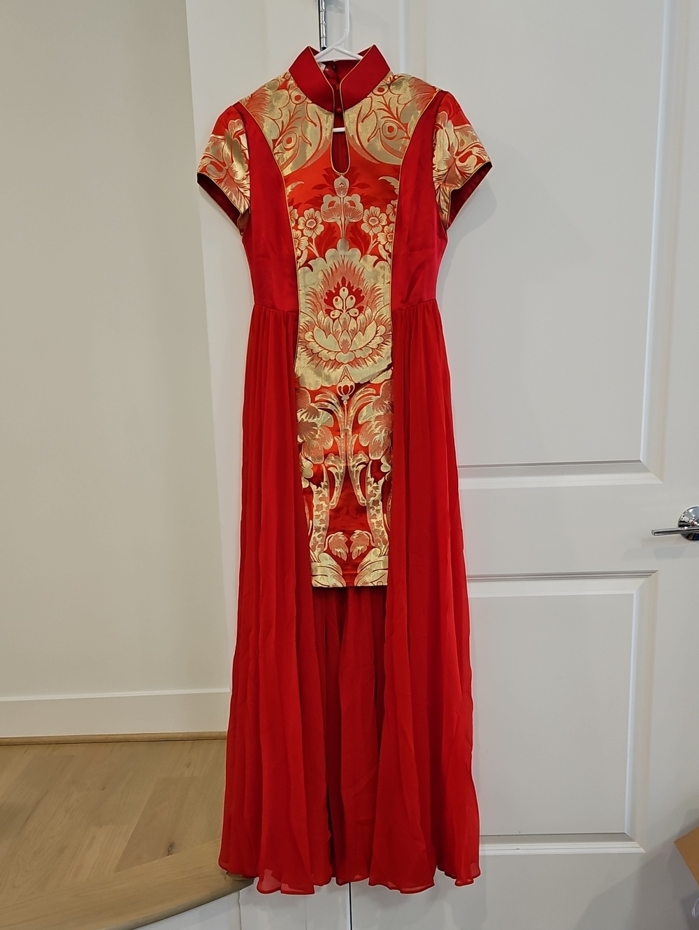 Elegant Red and Gold Floral Maxi Dress